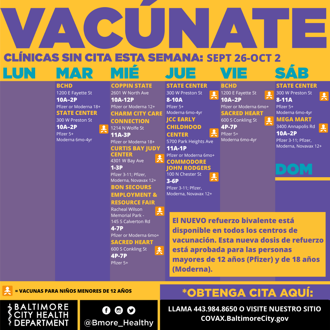 Week of September 26th-October 2nd mobile vaccination clinic schedule in Spanish